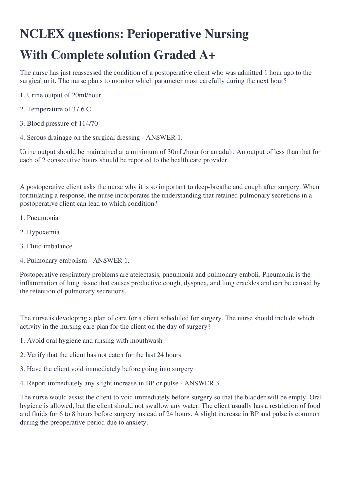Preview image for NCLEX questions: Perioperative Nursing With Complete solution Graded A+